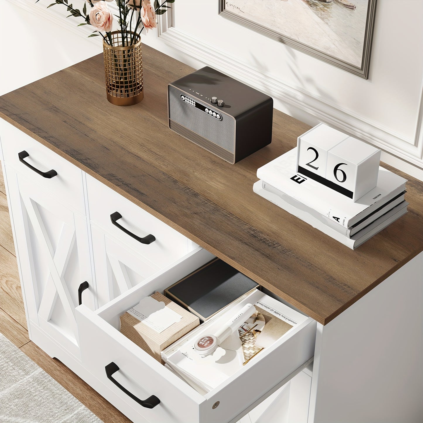 Zijboard – Dressoir – Opbergkast – Buffetkast – Kast – Wit-Bruin – 108x38,5x81 cm – Massief Hout & Verstelbare Planken