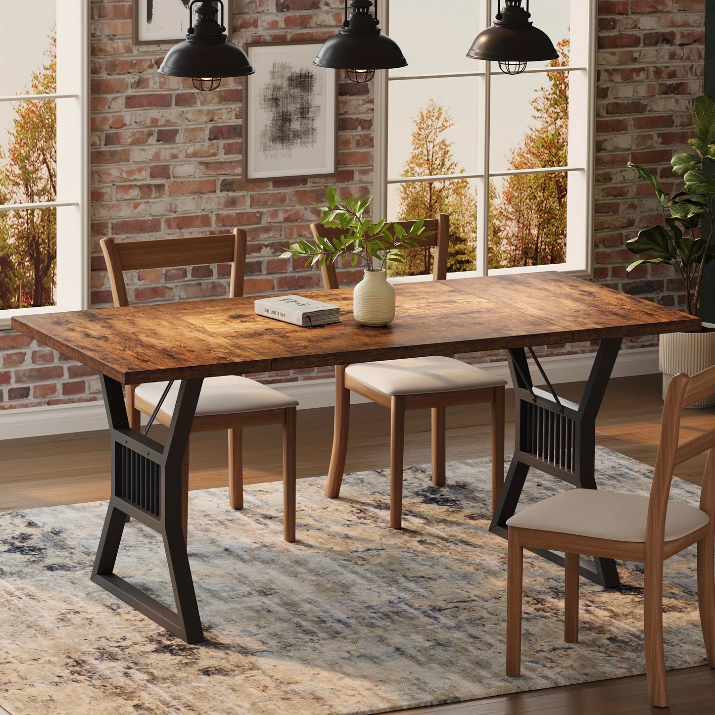 Eettafel – Keukentafel – Tafeltje – Dinertafel – Eetkamertafel – Rechthoekig – 180x75x75 cm – Massief Houten Blad Met Geometrisch Metalen Onderstel