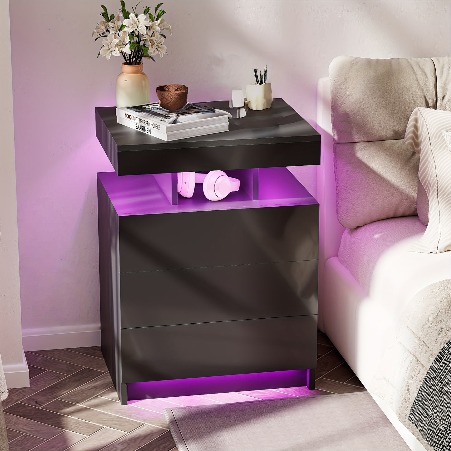 Nachtkastje – Bijzettafel – Wandkastje – Ladekastje – Opbergkast – Massief Hout – 3 Lades – Zwart – Compact – Duurzaam