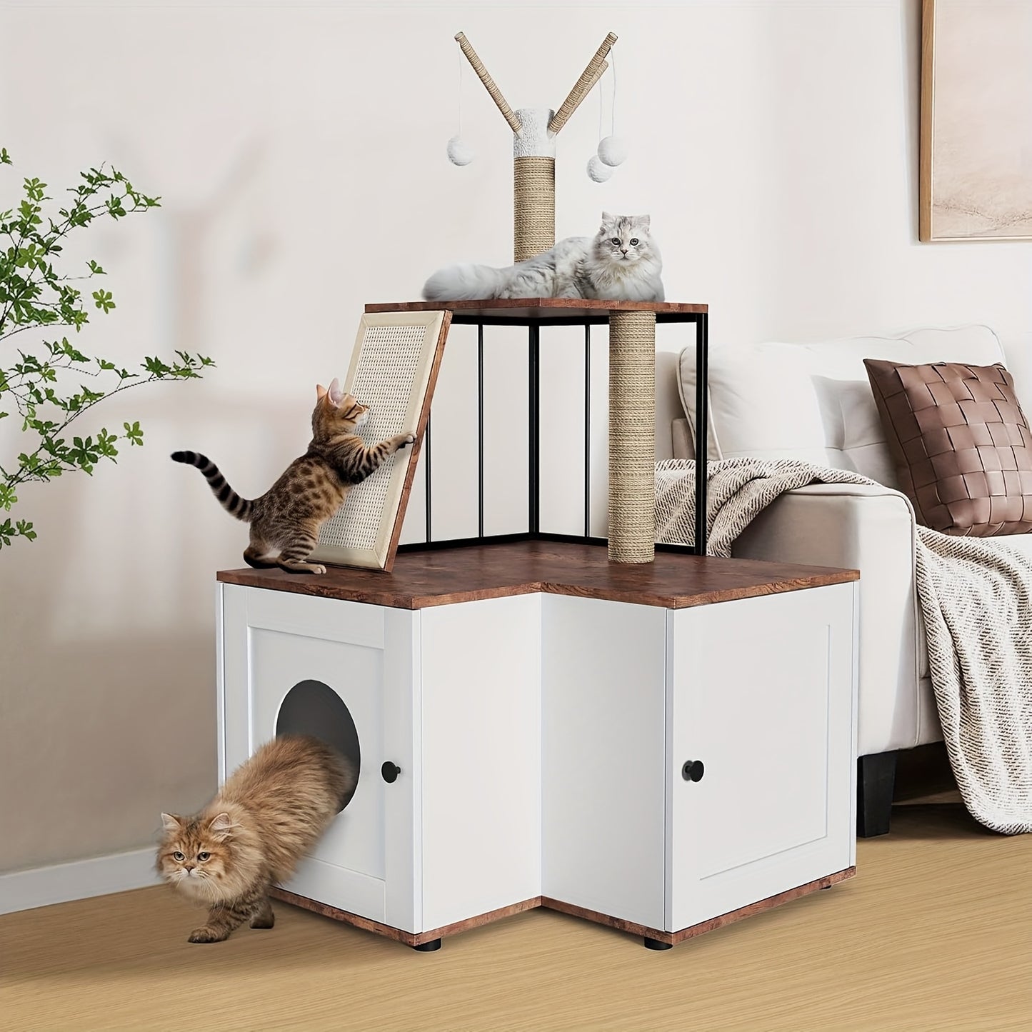 Kattenboom – Krabpaal – Kattenmeubel – Klimelement – Kattenhuis – 2-in-1 Ontwerp Met Verborgen Kattenbak – Ruime Speel- en Klimniveaus – Houten Constructie – Geurcontrole – Voor Grote Binnenkatten – 124 cm Hoog