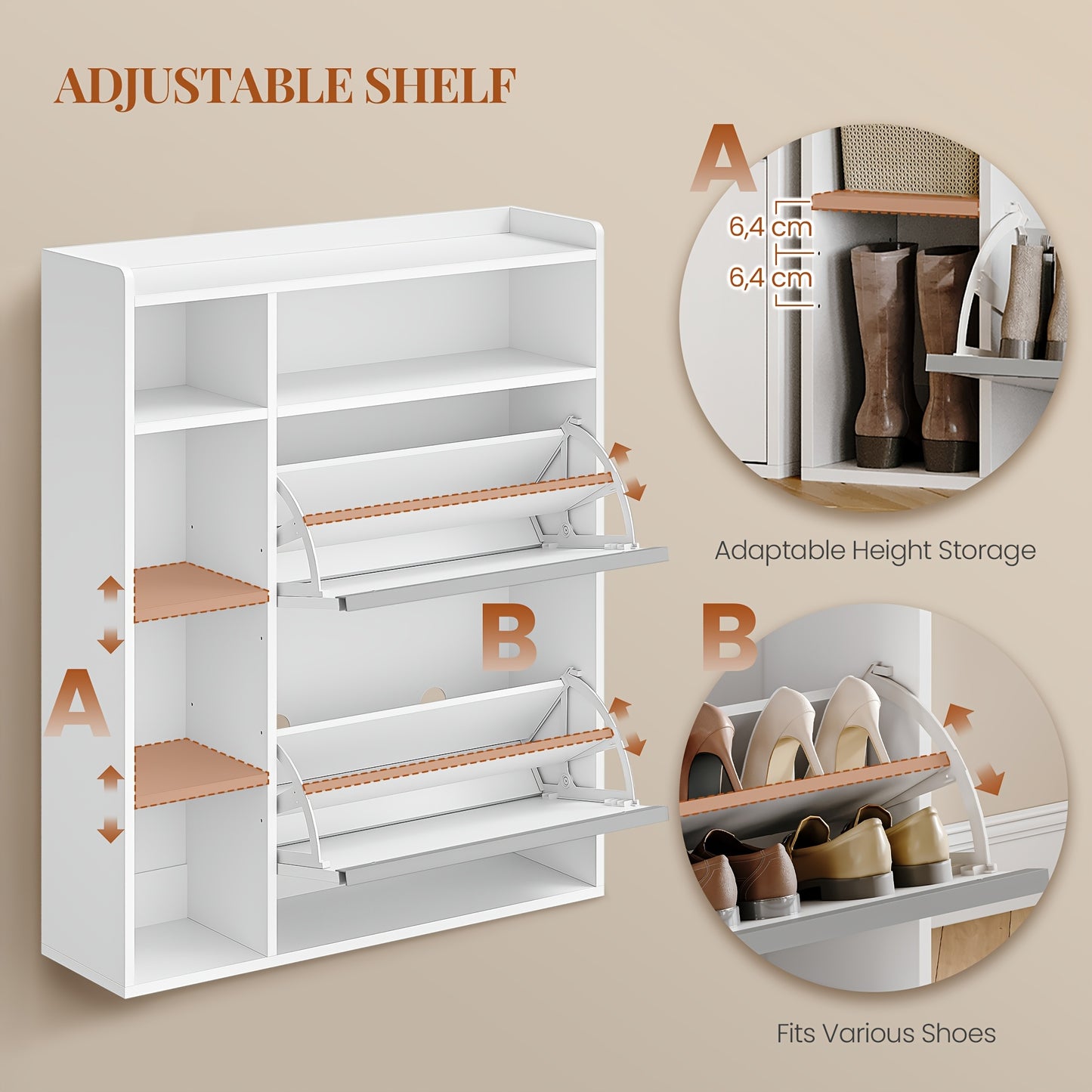 Narrow Shoe Cabinet with 2 Doors, Narrow Shoe Chest with 5 Open Compartments, Adjustable, Shoe Rack for 8-12 Pairs Of Shoes, for Hallways, Entrances, 84.7 X 24 X 102cm, White - QUORE