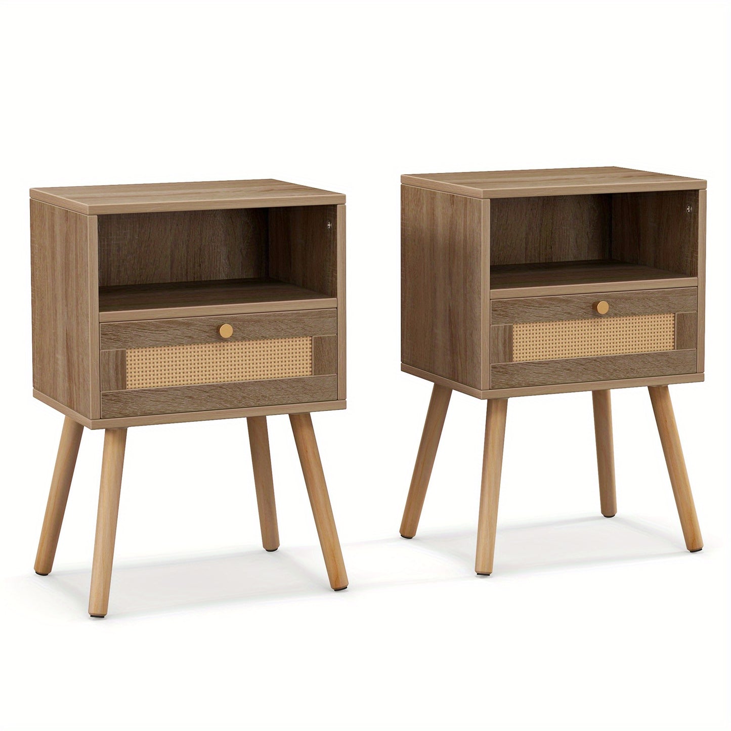 Nachtkastje Set – Bijzettafel – Bedkastje – Side Table – Nachtkastje Rattan – Massief Houten Poot – Set Van 2 – Ruime Lade – Compact 40x30x60,5 cm