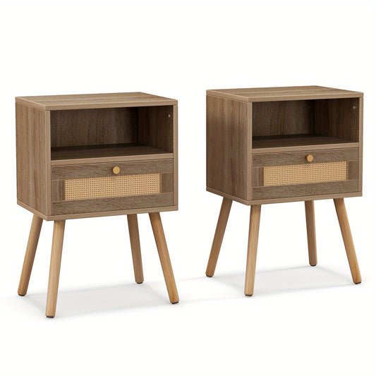 Nachtkastje Set – Bijzettafel – Bedkastje – Side Table – Nachtkastje Rattan – Massief Houten Poot – Set Van 2 – Ruime Lade – Compact 40x30x60,5 cm