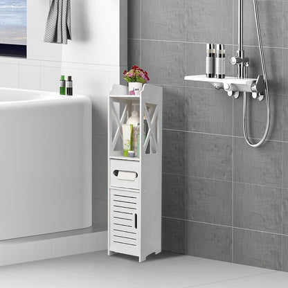 Badkamerkast – Opbergkast – Kolomkast – Opbergmeubel – Smalle Kast – Compact Ontwerp – PVC en Hardhout – 15x15x80 cm – Wit – Vrijstaand – Met Deur