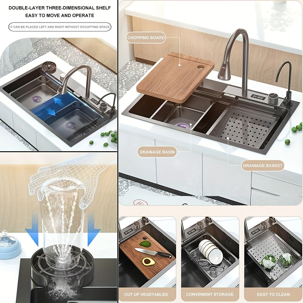 Roestvrijstalen Waterval Spoelbak – Keukenspoelbak – Enkele Bak – Onderbouw Spoelbak – RV Spoelbak – 76,2x45,97x20,5 cm – Met Uittrekbare Kraan – Inclusief Display en Accessoireset
