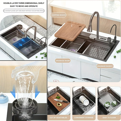 Waterval Spoelbak RVS – Enkele Spoelbak – Keukenspoelbak – Caravan Spoelbak – Enkele Kom – Uittrekbare Watervalkraan – Ingebouwd Display – 76,2 x 45,97 x 20,5 cm – Onderbouwmontage
