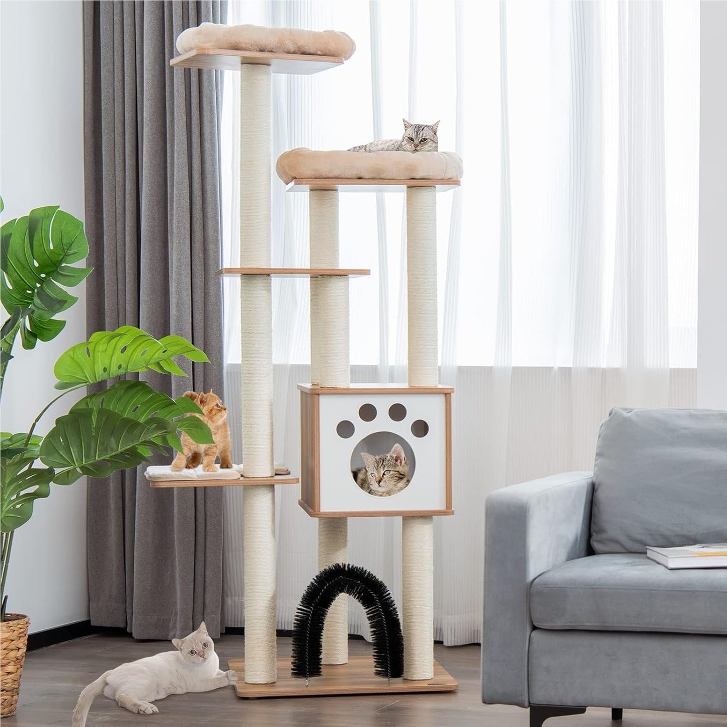 Krabpaal – Krabboom – Kattenmeubel – Kattenkrabpaal – Kattenboom – Houten Krabpaal 170 cm – Met Afneembare Kussens – Sisal Krabpalen