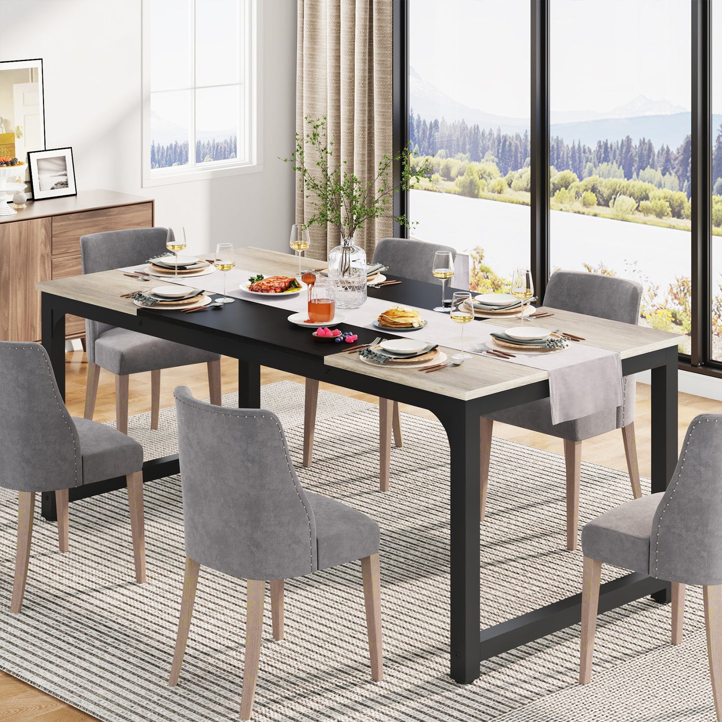 Eettafel – Keukentafel – Eetkamertafel – Tafeltje – Tafel – Industrieel Design – 180x80 cm – Stevige Metalen Poot – Opgebouwd Houten Blad – Grijs – Rechthoekig – Geschikt voor 6-8 Personen