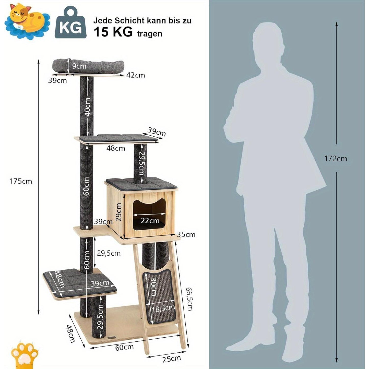 Krabpaal – Kattenboom – Krabmeubel – Kattenhuis – Kattenkrabpaal – 175 cm Hoog – Sisal Krabpalen & Ruime Knusse Hol