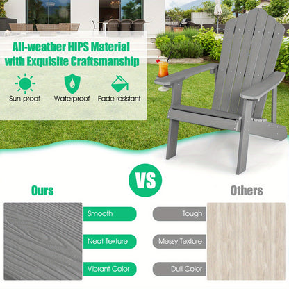 Adirondackstoel – Tuinstoel – Buitenstoel – Klapstoel – Terrasstoel – Weerbestendig HIPS Materiaal – Stevige 304 RVS Constructie – Brede Zitting Met Bekerhouder – Ergonomische Rugleuning 105° – Grijs Houtnerf Design