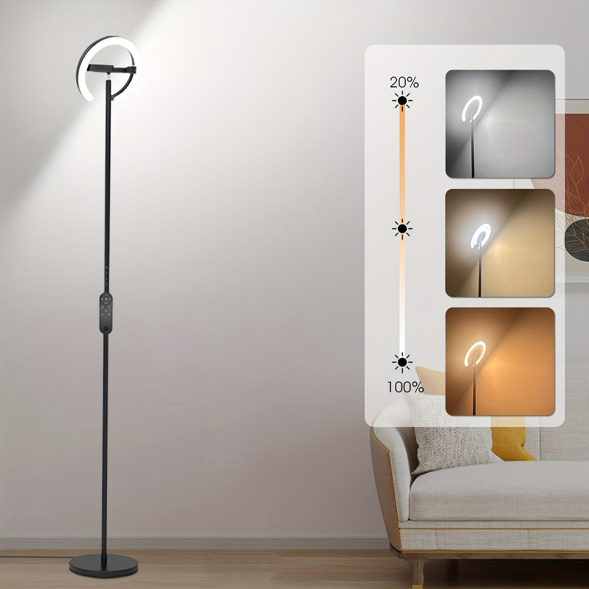 LED Vloerlamp – Staande Lamp – Sfeerverlichting – Vloerlicht – Moderne Lamp – Zwart – Dimbare Warmte Tot Koel Wit Licht 1900K-6500K – 312° Draaibare Dubbele Ring Met Afstandsbediening En Touchbediening