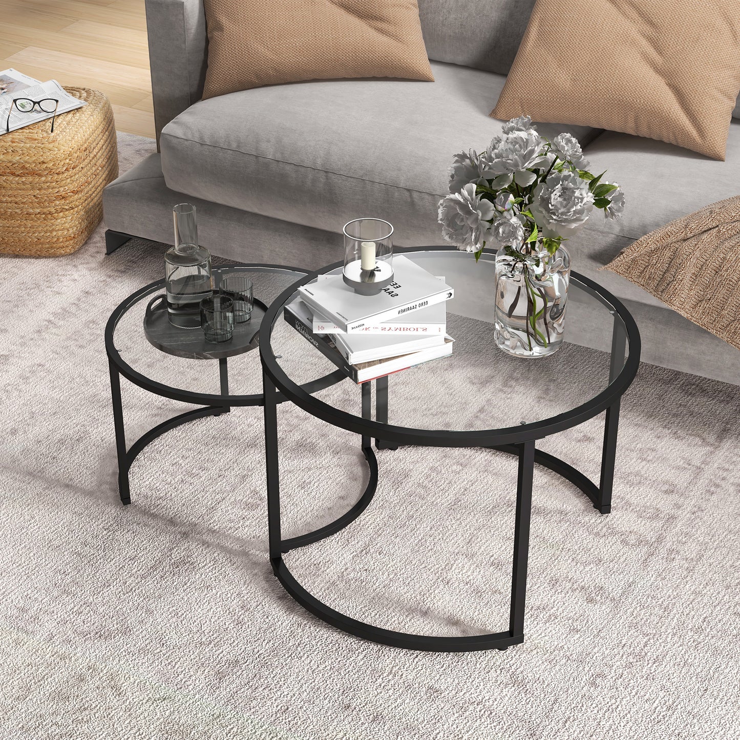 Salontafel – Bijzettafel – Woonkamertafel – Koffietafel – Sofa Tafel – Zwart Stalen Frame – Geharde Glazen Bladen