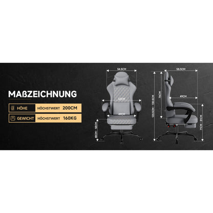 Gamingstoel – Gaming Chair – Bureaustoel – Gamestoel – Werkstoel – Ergonomisch Echt Leer – Massagefunctie – Uittrekbare Voetensteun – Grijs – Draagt 150 kg