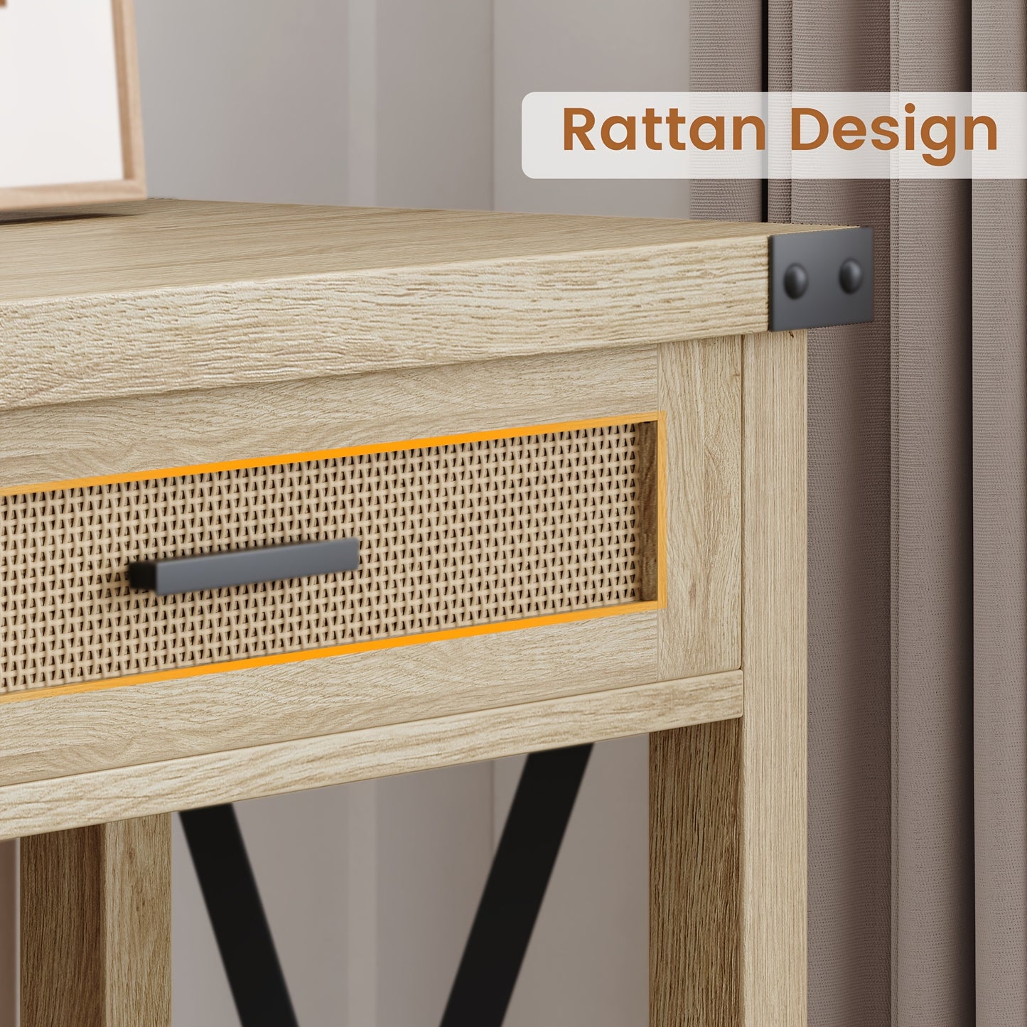 Console Table – Sidetable – Haltafel – Sofa Table – Opbergmeubel – 110x30x78 cm – MDF & Massief Hout – Rattan Lades met X-Design