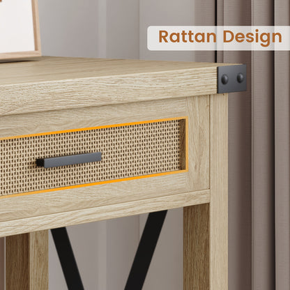 Console Table – Sidetable – Haltafel – Sofa Table – Opbergmeubel – 110x30x78 cm – MDF & Massief Hout – Rattan Lades met X-Design