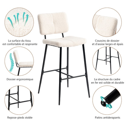 Barstoel – Barkruk – Barstoel Met Rugleuning – Keukenstoel – Barkrukken Set Van 2 – Scandinavisch Design – Fluwelen Bekleding – Metalen Frame – Zithoogte 75 cm – Compacte Afmetingen