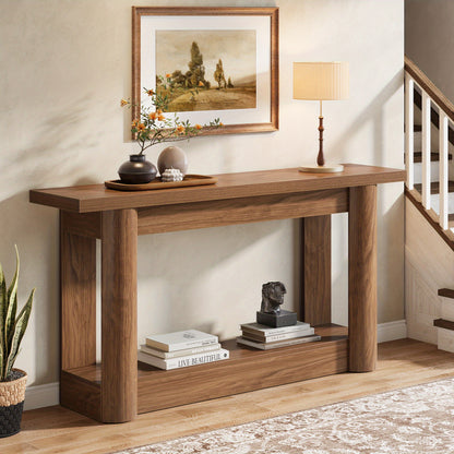 Console Tafel – Sofa Tafel – Sidetable – Haltafel – Accenttafel – 160 cm – U-Vormige Grijze Basis – Vintage Brown & Gray – Houten 2-Lagen – Landelijk Design