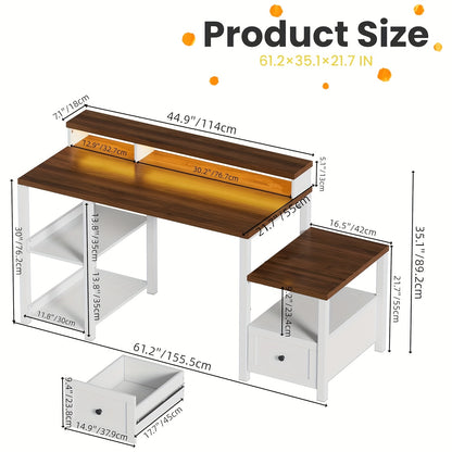 Computerbureau – Bureau – Werkplek – Schrijftafel – Study Table – Eikenhout Bruin – Ergonomische Monitorstandaard – Ruime Lades en Printerruimte