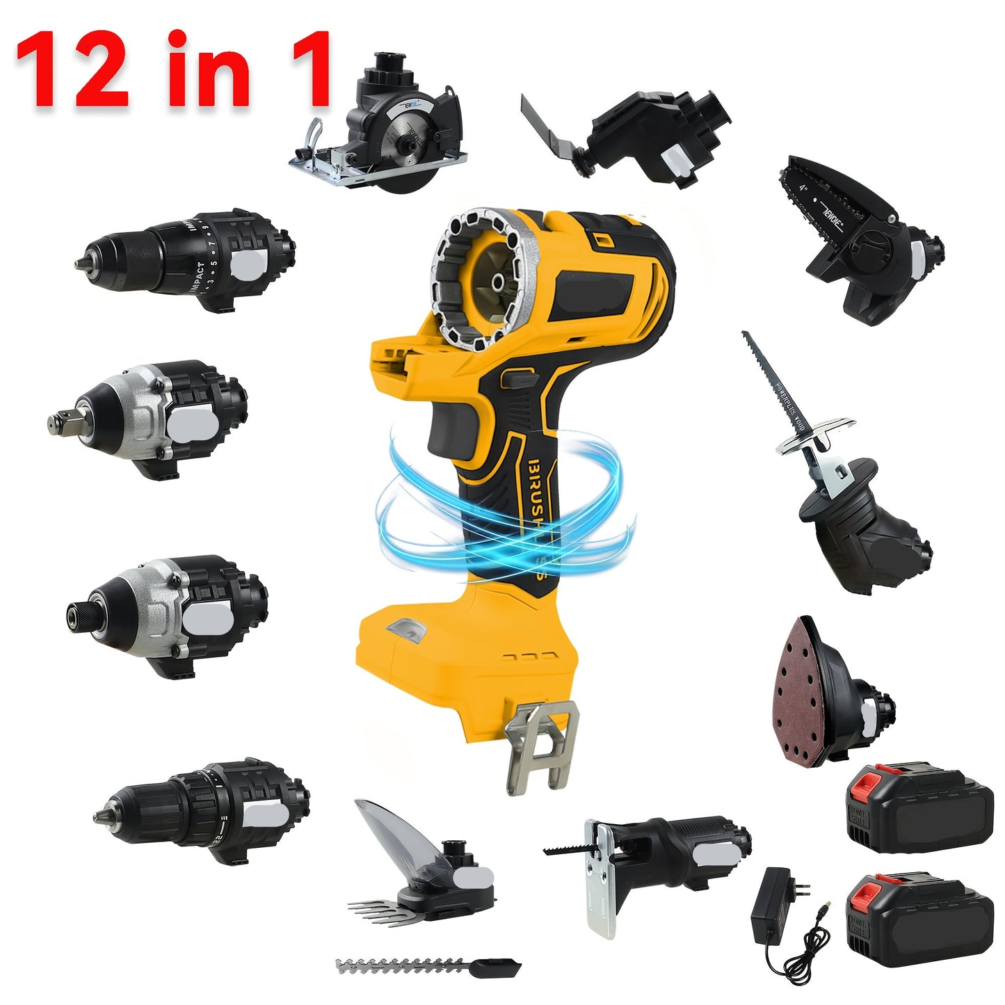 Multitool – Accu Multitool – Elektrisch Gereedschap – Roterend Gereedschap – Oscillerend Tool – 12-in-1 Draadloos – 18V Borstelloze Motor – LED Werklamp – Geel