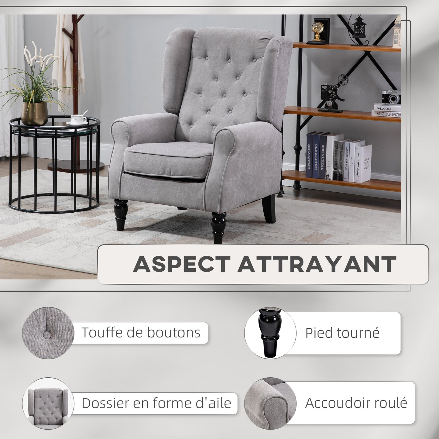 Fauteuil – Armstoel – Relaxstoel – Leunstoel – Zitstoel – Grijs – Klassieke Stijl – Brede Zitting 74x86x102 cm