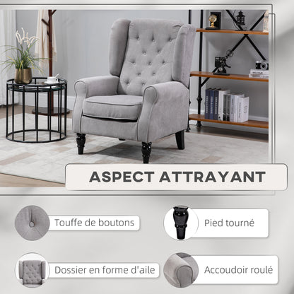 Fauteuil – Armstoel – Relaxstoel – Leunstoel – Zitstoel – Grijs – Klassieke Stijl – Brede Zitting 74x86x102 cm