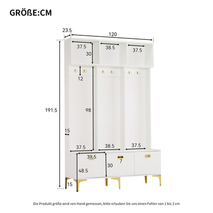 Witte Houten Kapstok – Wandkapstok – Garderoberek – Kapstok met Zitbank – Schoenkast – 4 Haken – Cushioned Opbergstoel – H180xB100xD35 cm