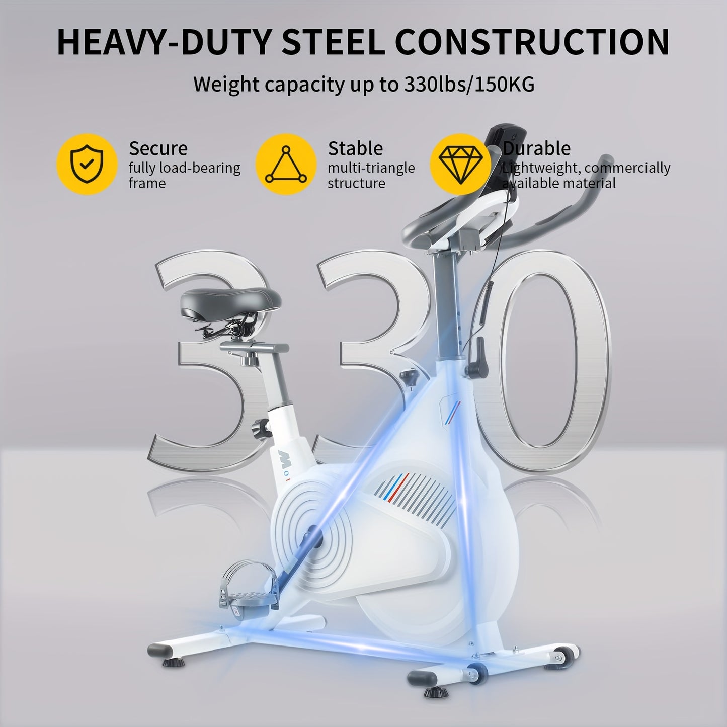 White Stationary Exercise Bike Shock-Absorbing Design PP Pedals + Phone Holder + Standard Seat Heart Rate Monitoring Multi-Function Display Max Load 150kg
