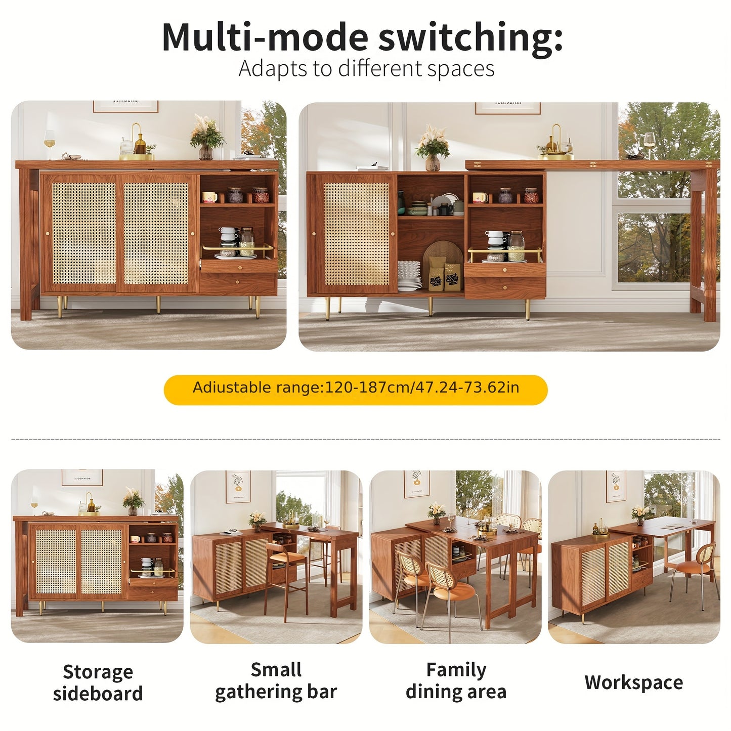 Bartafel – Bartafelset – Statafel – Keukentafel – Bistrotafel – 360° Draaibaar – Uitschuifbaar Ontwerp – Hout & MDF – Rattan Opbergruimte – Bruin – Compacte Afmetingen (107x40x71,4 cm)