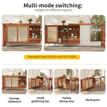 Bartafel – Bartafelset – Statafel – Keukentafel – Bistrotafel – 360° Draaibaar – Uitschuifbaar Ontwerp – Hout & MDF – Rattan Opbergruimte – Bruin – Compacte Afmetingen (107x40x71,4 cm)