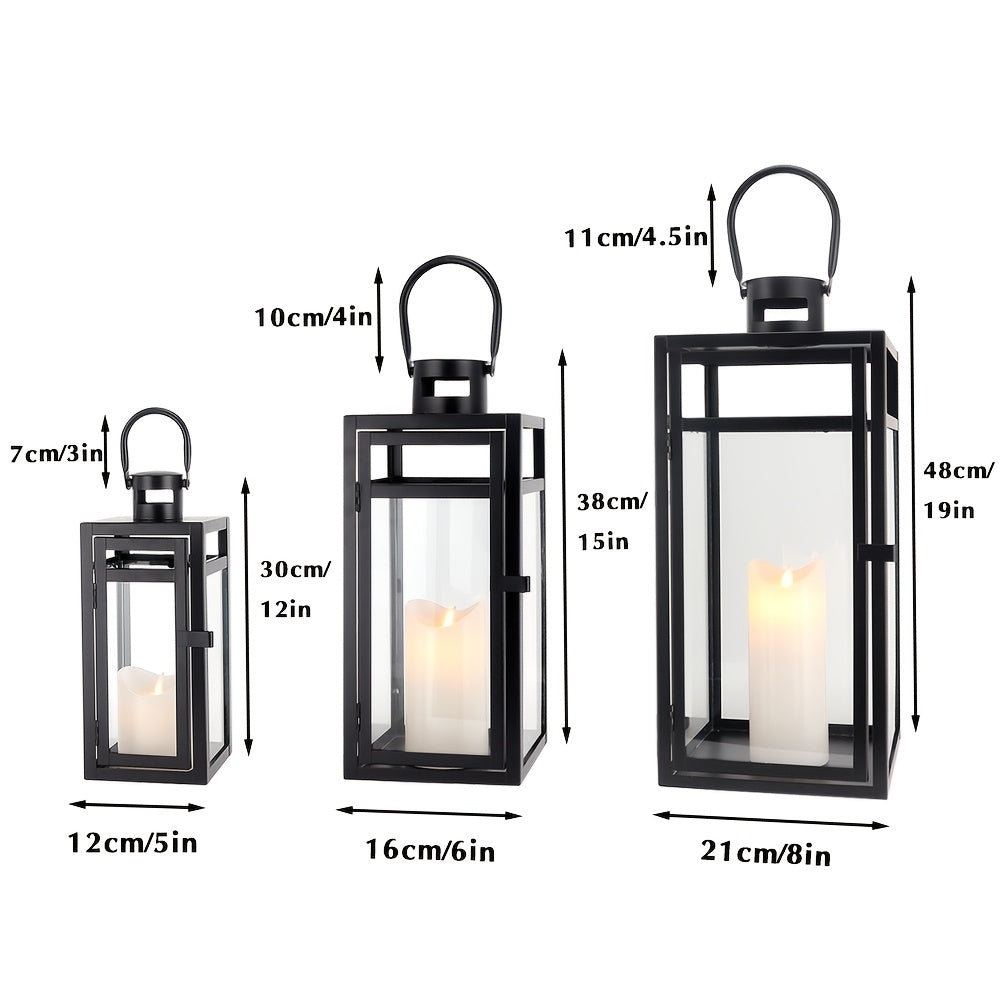 Lantaarn – Tuinlantaarn – Windlicht – Sfeerlamp – Outdoor Lamp – Set Van 3 – Zwart Metalen Design – Gehard Glas – 48/38/30 cm Hoog