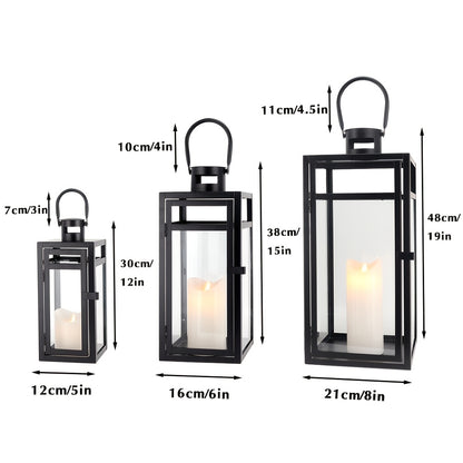Lantaarn – Tuinlantaarn – Windlicht – Sfeerlamp – Outdoor Lamp – Set Van 3 – Zwart Metalen Design – Gehard Glas – 48/38/30 cm Hoog