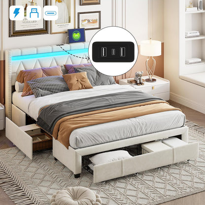 Upholstered Bed – Tweepersoonsbed – Bed Frame – Bed Met Opberglades – Luxe Bed – 140x200 cm – LED Verlichting – USB Opladen
