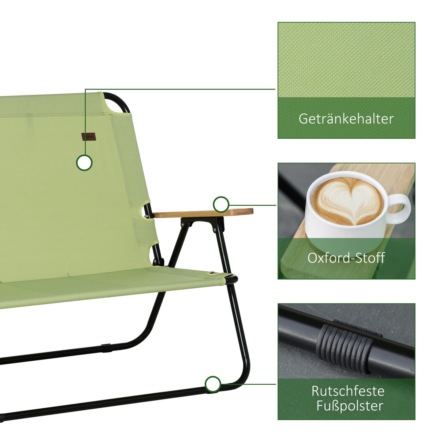 2-Persoons Campingstoel – Tweezits Vouwstoel – Dubbele Outdoor Stoel – Inclusief Bekerhouders – Groen – Stevig Stalen Frame – Compact Opvouwbaar