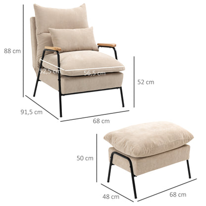 Relaxfauteuil – Lounge Fauteuil – Relaxstoel – Leunstoel – Beige Velours – Verstelbare Rugleuning Tot 155° – Zwarte Stalen Onderstel Met Hevea Houten Armleuningen