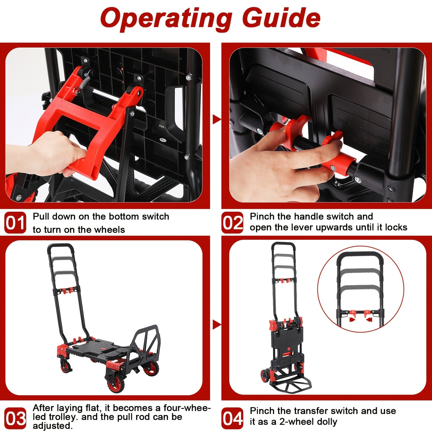 2-in-1 Trolley – Vouwbare Kar – Handwagen – Veldtransporter – Boodschappentrolley – Telescopische Handgreep – Max Draagkracht 150 kg – Ruime Laadruimte Rood