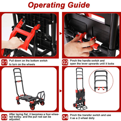 2-in-1 Trolley – Vouwbare Kar – Handwagen – Veldtransporter – Boodschappentrolley – Telescopische Handgreep – Max Draagkracht 150 kg – Ruime Laadruimte Rood