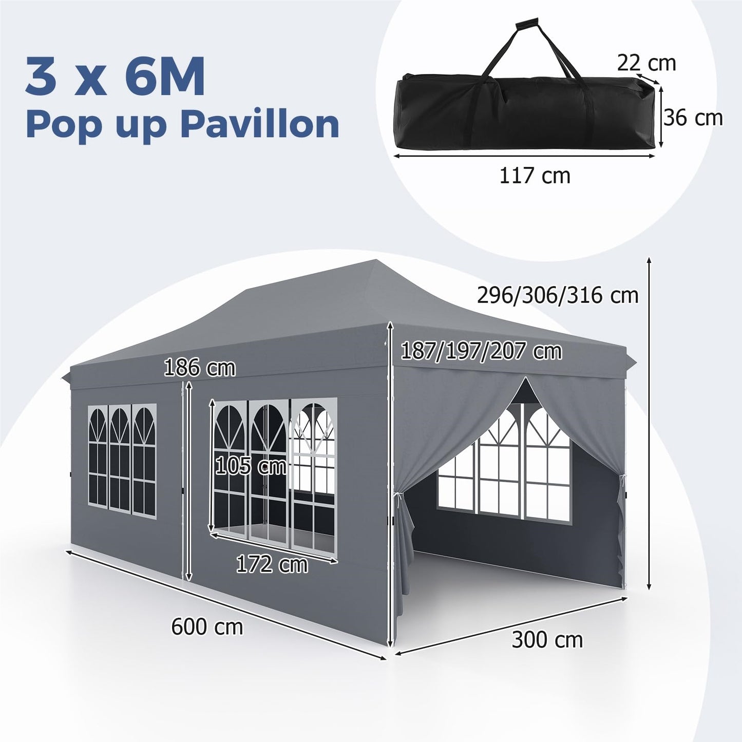Paviljoen 3x6 M – Tuin Tent – Partytent – Overkapping – Garden Gazebo – Waterdicht – UV Bescherming SPF 50+ – Stevig Met Zijwanden En Zandzakken – Grijs