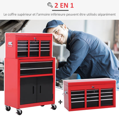 Gereedschapswagen – Werkplaatswagen – Gereedschapstrolley – Gereedschapskar – Gereedschapskast – 6 Lades + Afneembare Gereedschapskist – Stalen Constructie – Rood/Zwart
