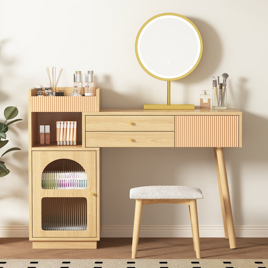 Kaptafel – Make-up Tafel – Dressoir – Verzorgingstafel – Spiegeltafel – Khaki – Duurzaam Bamboe – Ruime Opbergruimte 90L
