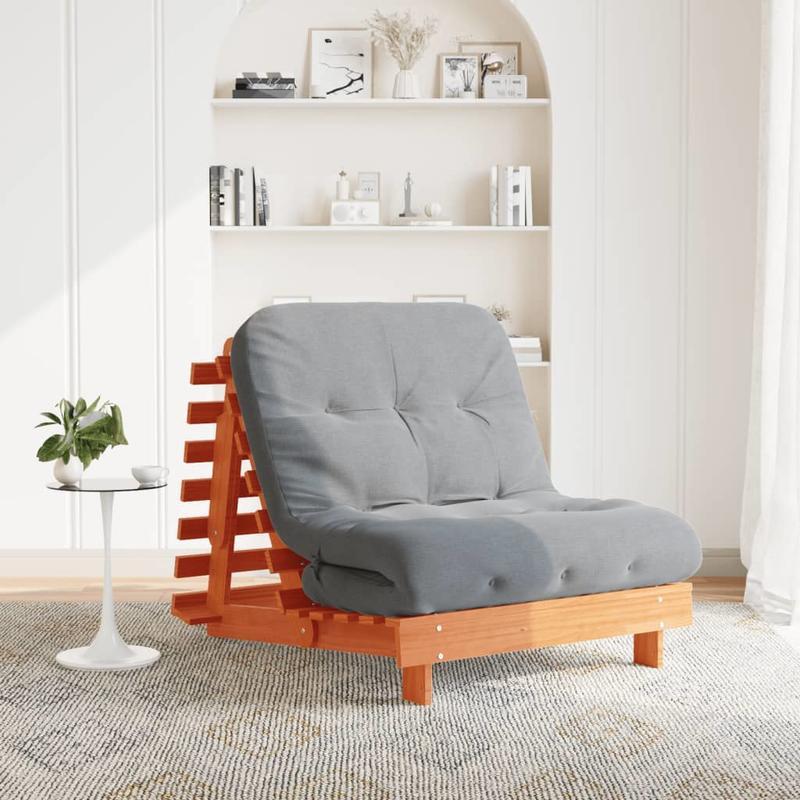 Futonbed – Futonsofa – Logeerbed – Slaapbank – Loungestoel – 80x206x11 cm Matras – Pijnboomhouten Frame – Verwijderbare Bruine Velvet Bekleding
