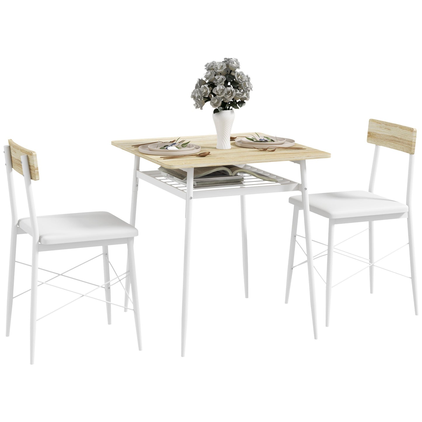Eettafel – Tafel – Keukentafel – Dinertafel – Zitmeubel – Stalen Frame – 2 Stapelbare Stoelen – Wit en Eikenhout – Compact en Ruimtebesparend