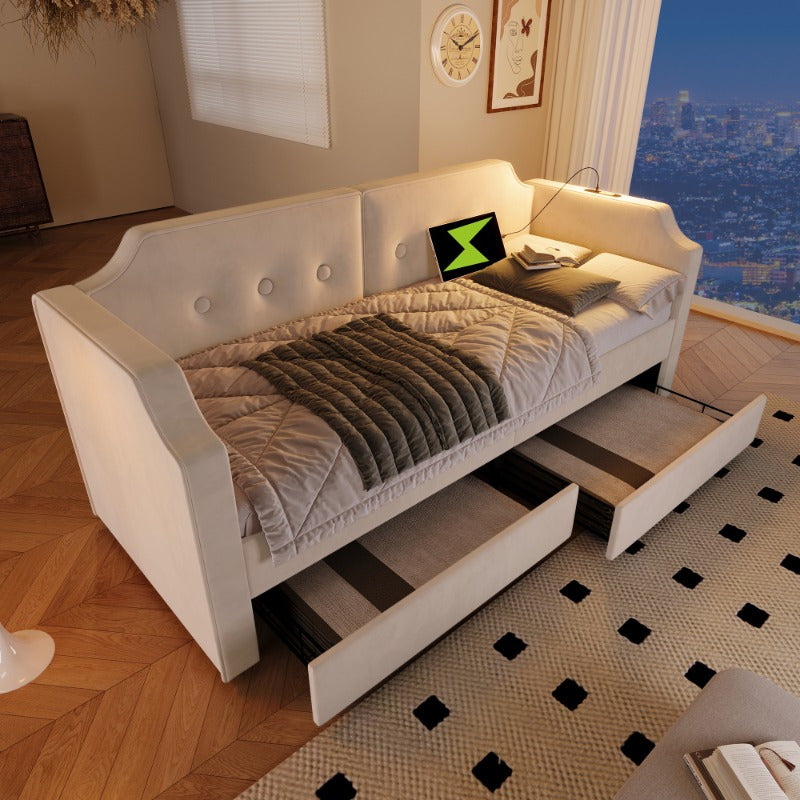 Bedbank – Slaapbank – Sofa Bed – Logeerbed – Zetelbed – 90x200 cm – Ingebouwde Leeslamp – 2 Opbergladen