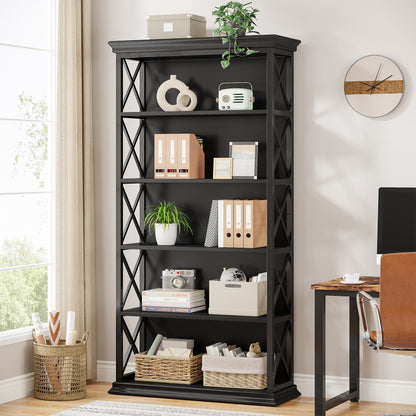Boekenkast – Boekenplank – Vakkenkast – Opbergkast – Stellingkast – Zwart – 5 Laags – Massief Hout Met Metaal – Open Achterkant – Stevig & Compact