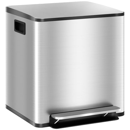2 x 15L HOMCOM Kitchen Trash Can with Pedal, 2 Compartments, Stainless Steel with Soft Close Lid, Removable Buckets 41.8L x 36.7W x 44H cm Silver