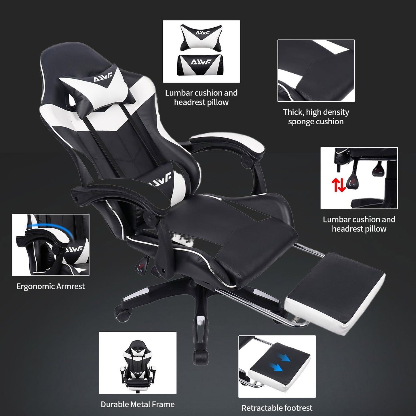 Gamingstoel – Gamestoel – Gaming Chair – Game Stoel – Bureaustoel – Ergonomisch Ontwerp – Verstelbare Voetsteun – Zwart/Wit – Kunstleer