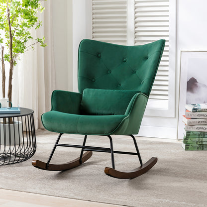Schommelstoel – Relaxstoel – Fauteuil – Loungestoel – Voedingsstoel – Donkergroen – Velvet Bekleding – Houten Onderstel Met Metaal