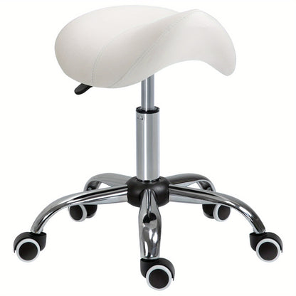 Draaibare Kruk – Zadelkruk – Bureaustoel – Verrijdbare Stoel – Werkkruk – Ergonomisch Zadel – Hoogte Verstelbaar – Witte Kunstleren Bekleding – 5 Zwenkwielen – Chroom Frame