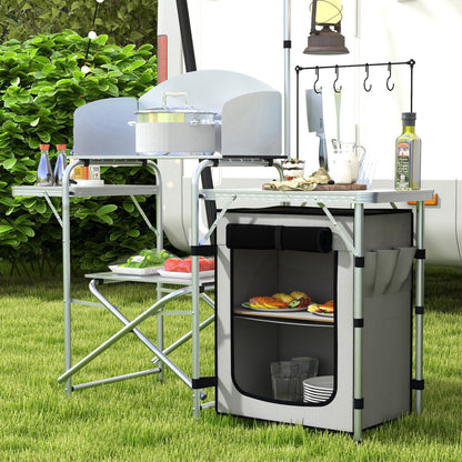Campingkast – Campingkeuken – Kampeermeubel – Opvouwbare Kast – Outdoor Keuken – 3 Werkbladen – Windscherm – Stoffen Kast – 144x48x119 cm – Metaal Frame