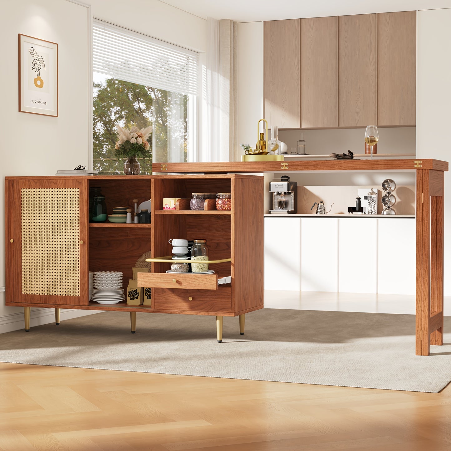 Bartafel – Bartafelset – Statafel – Keukentafel – Bistrotafel – 360° Draaibaar – Uitschuifbaar Ontwerp – Hout & MDF – Rattan Opbergruimte – Bruin – Compacte Afmetingen (107x40x71,4 cm)