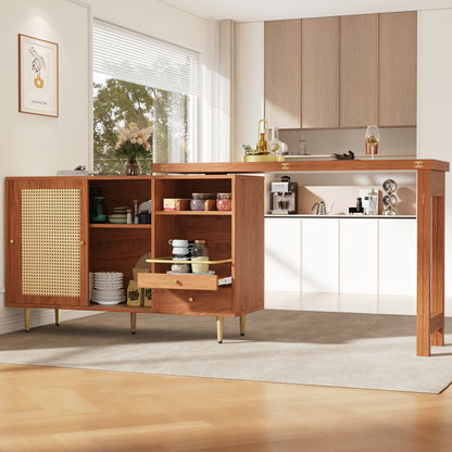 Bartafel – Bartafelset – Statafel – Keukentafel – Bistrotafel – 360° Draaibaar – Uitschuifbaar Ontwerp – Hout & MDF – Rattan Opbergruimte – Bruin – Compacte Afmetingen (107x40x71,4 cm)